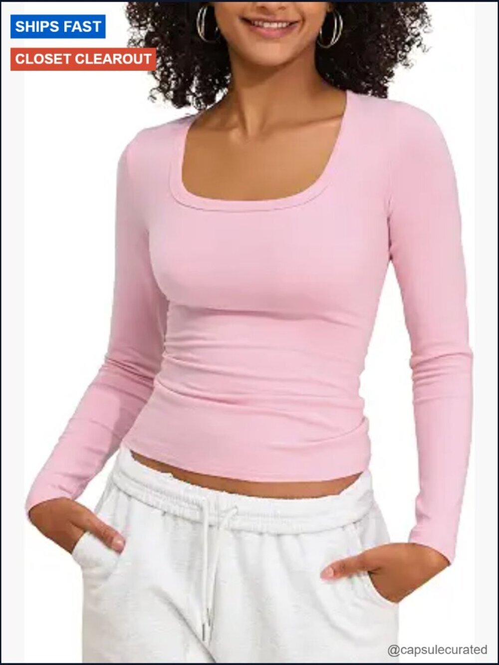 Cotton Square Neck Long Sleeve Slim Fit Tee